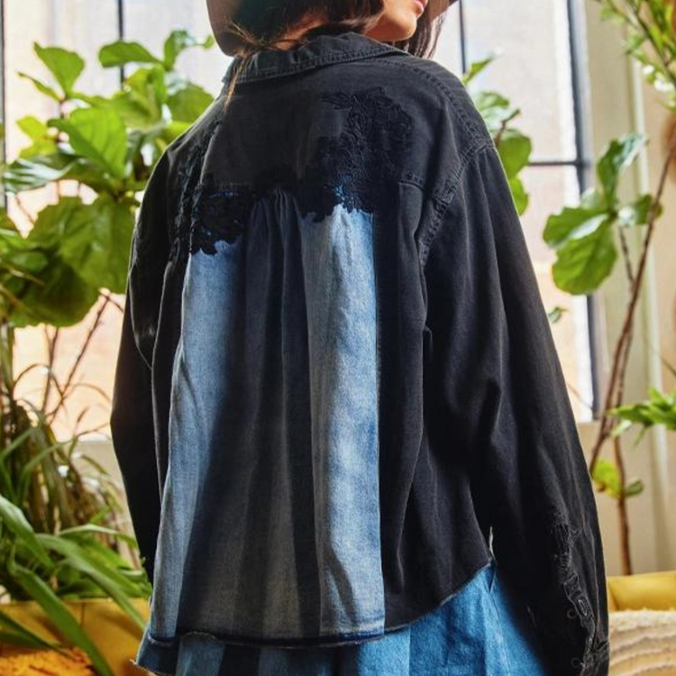 Lace Trimmed Long Sleeve Color Block Denim Pullover Top.