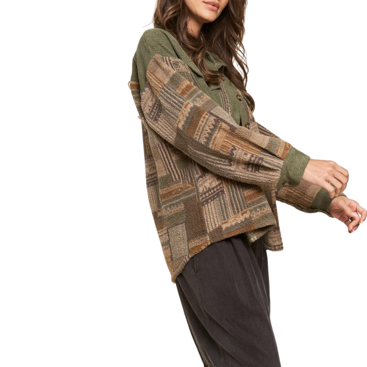 Olive Block Print Corduroy Fuzzy Long Sleeve Button Front Shacket
