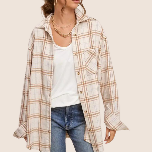 Tan Cream Plaid Long Sleeve Button Front Shacket Shirt with Raw Edge Detail