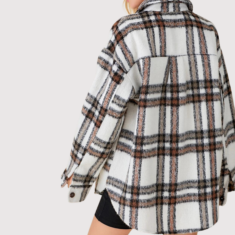 Soft Brushed Off White Brown Black Plaid Long Sleeve Button Front Shacket Shirt