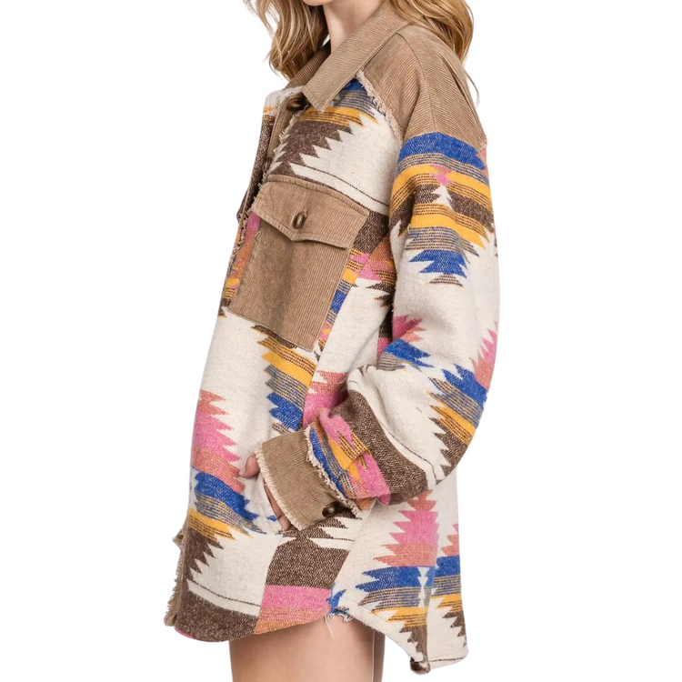 Aztec Pink Blue Bone Yellow Brown Button Front Shacket Shirt with Corduroy Trim Detail