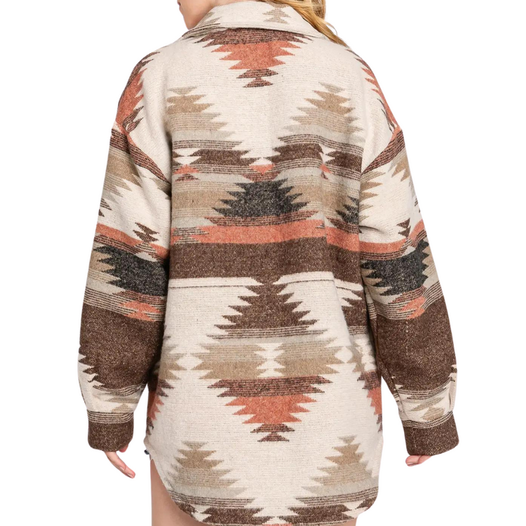 Aztec Cream Rust Brown Long Sleeve Button Front Shacket Shirt