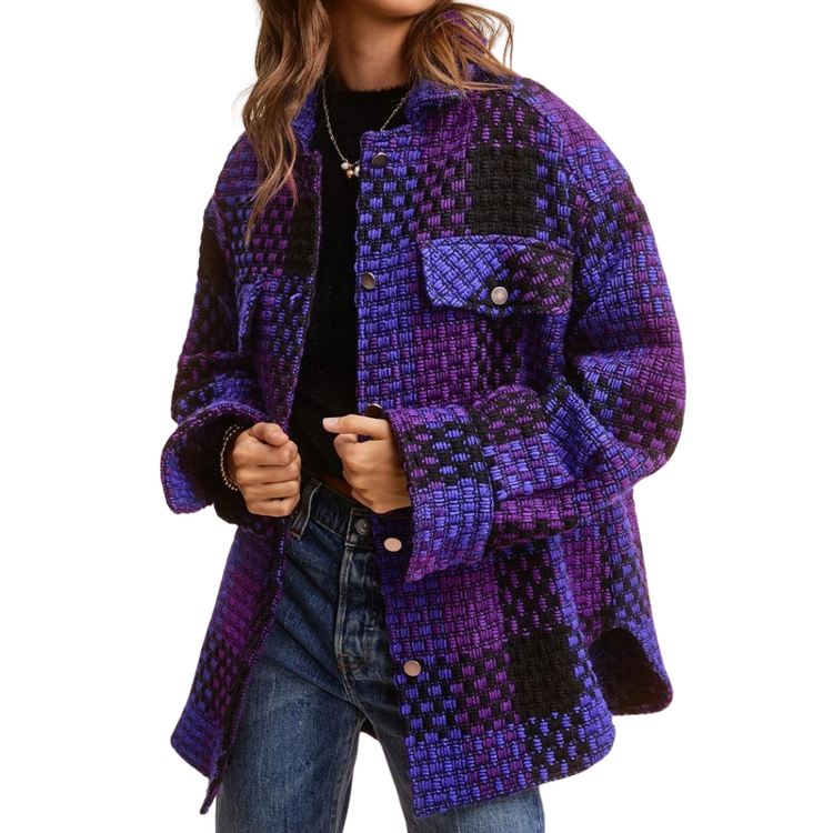 Violet Purple Black Check Thick Weave Long Sleeve Button Front Shacket Shirt