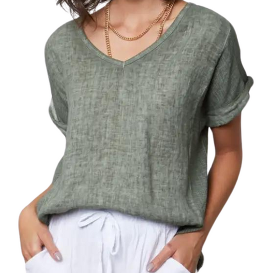 Italian Linen & Gauze V Neck Pullover Short Sleeve Top
