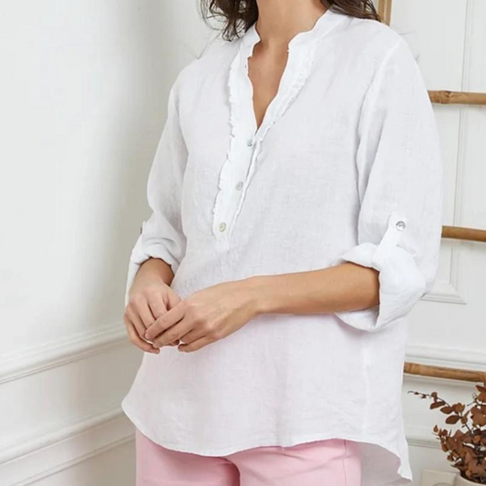 Italian Linen Ruffle V Neck Top Button Pullover Top with Button Tab Long Sleeves