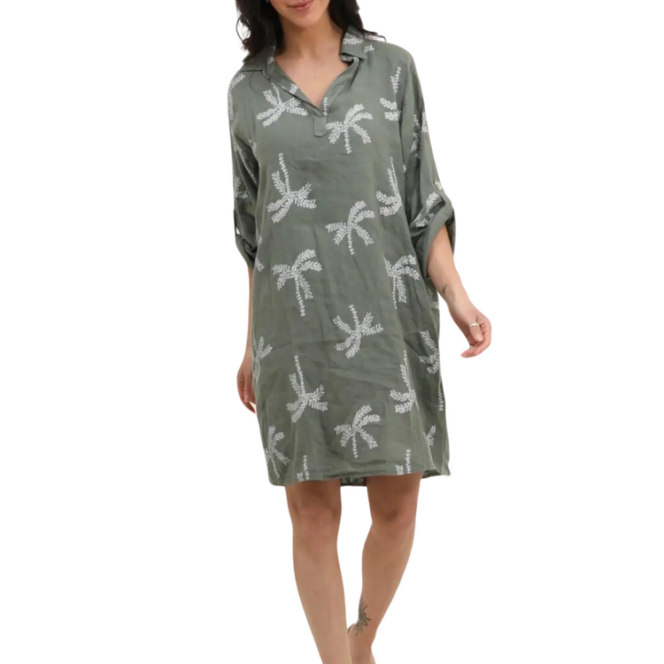 Italian Linen Pullover Knee Length Shirt Dress with Palm Print