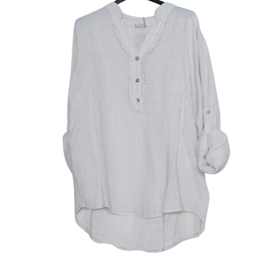 Italian Linen Ruffle V Neck Top Button Pullover Top with Button Tab Long Sleeves