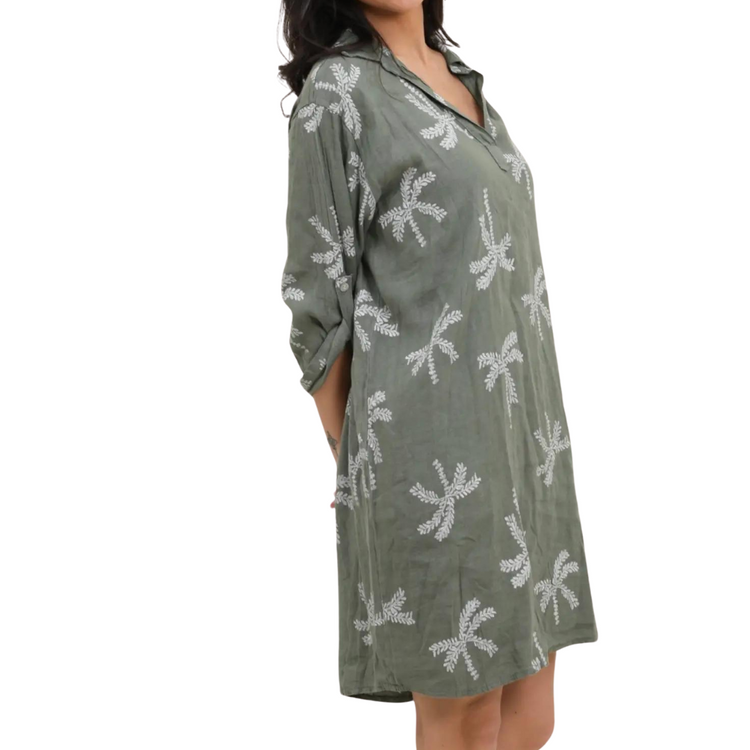 Italian Linen Pullover Knee Length Shirt Dress with Palm Print