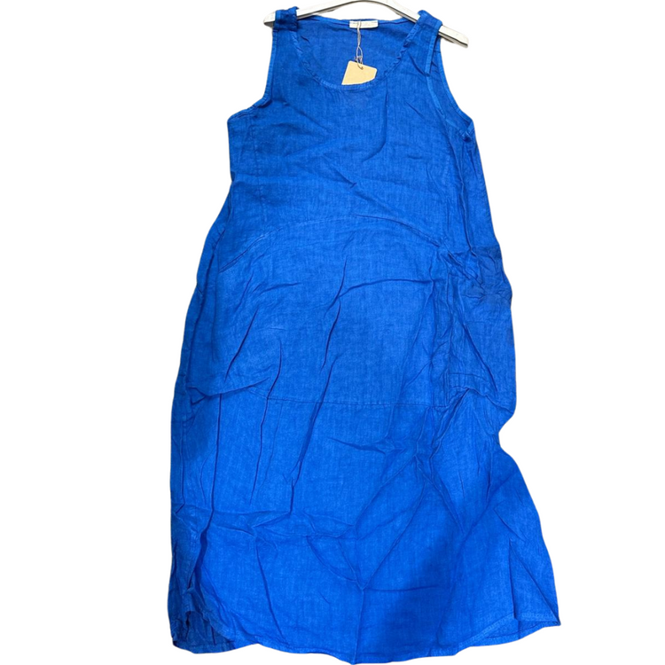 Italian Linen Boho Sleeveless Long Dress with Baggy Asymmetrical Pockets