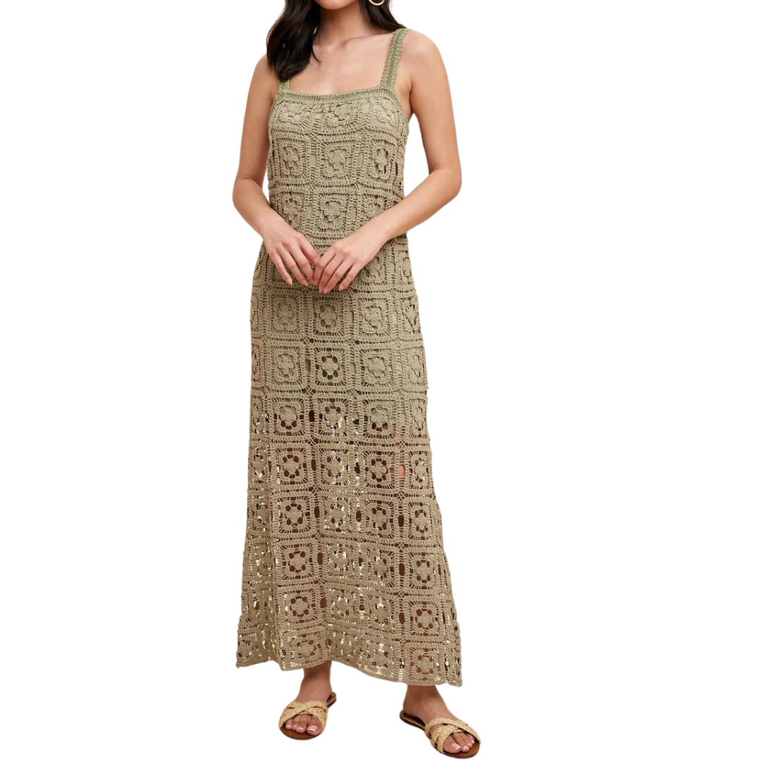 Sage Green Sleeveless Square Neck Long Straight Crochet Dress – Karmic JuJu