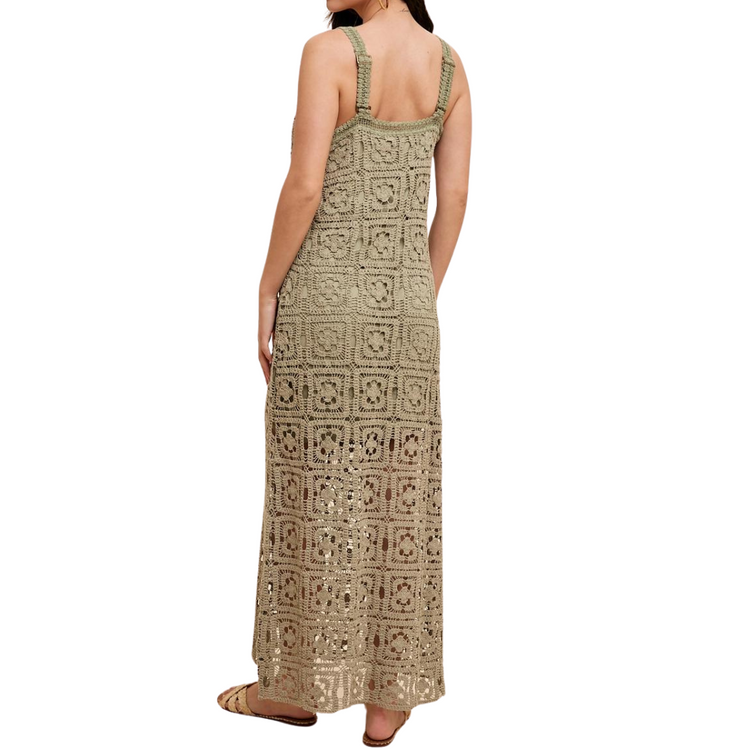 Sage Green Sleeveless Square Neck Long Straight Crochet Dress