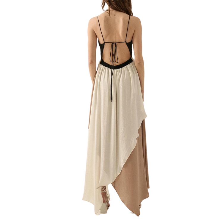 Long Asymmetrical Layers Color Block Chiffon Spaghetti Strap Dress