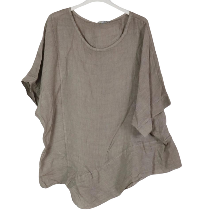 Italian Linen Wide Scoop Neck Asymmetrical Short Sleeve Loose Boho Top