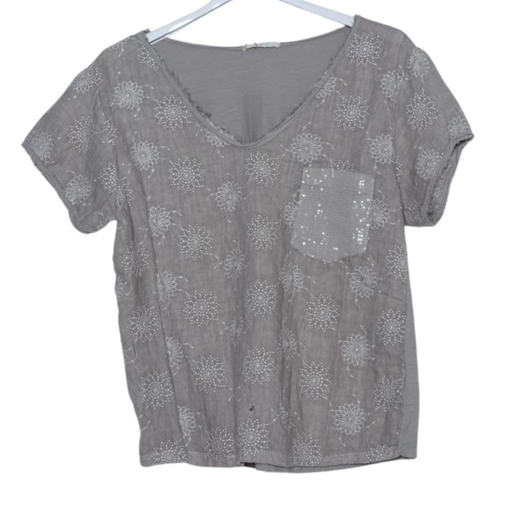 Italian Linen Short Sleeve V Neck Blouse Top w Embroidered Floral Print