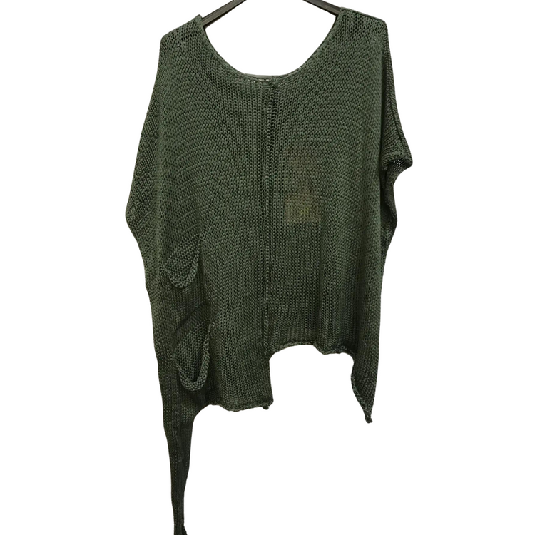 Italian Loose Weave Boho Asymmetrical Summer Sweater w Side Double Pocket