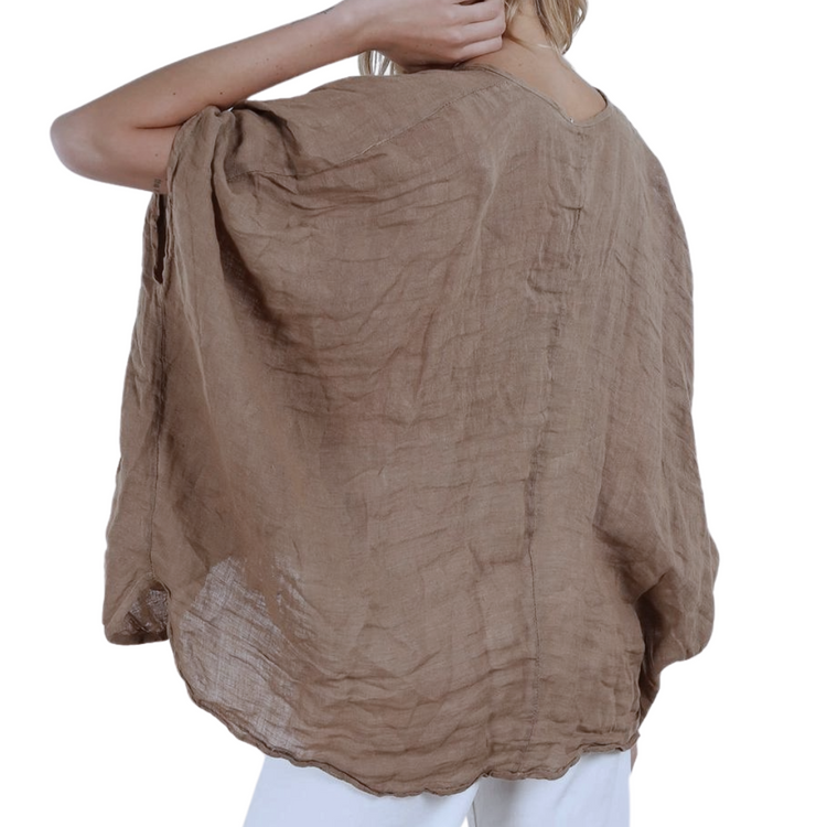 Italian Linen Deep V Neck Criss Cross Front High Low Dolman Sleeve Shirt Top