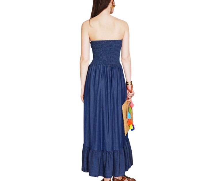 Italian Tencel Long Strapless Dark Denim Maxi Dress with Stretch Bodice
