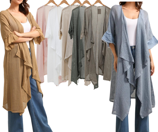 Italian Linen Fishnet Mesh Open Front Kimono Duster with Raw Edge