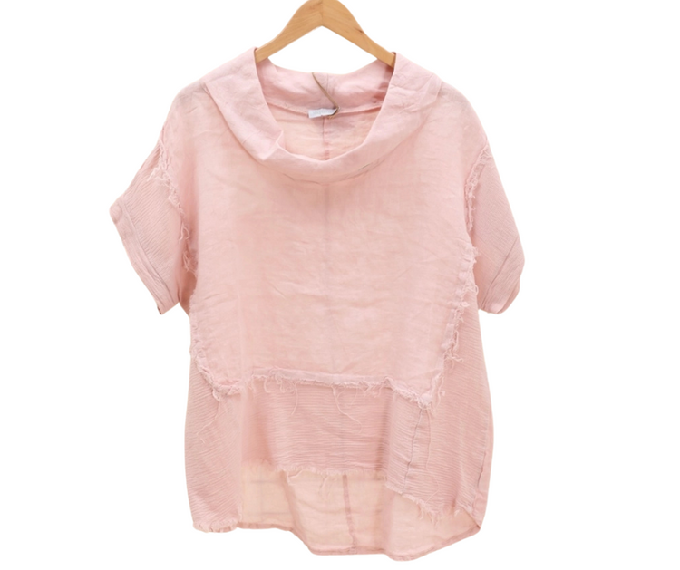 Italian Linen Deep Scoop Folded Neck Short Sleeve Top w Distressed Block Trim Detail