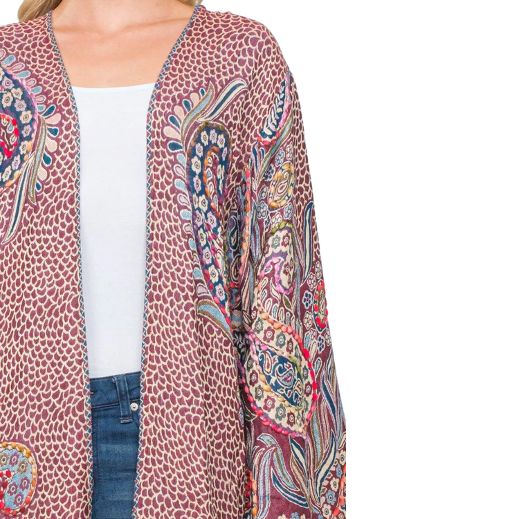 Plum Abstract Floral Paisley Colorful Thick Stitched Hand Embroidered Long Kimono Duster from India
