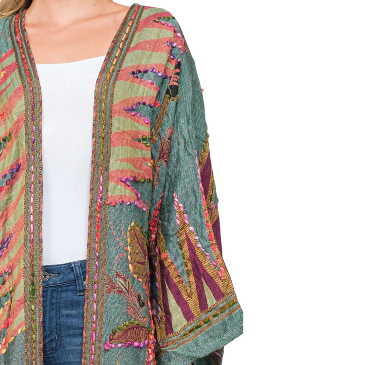 Green Abstract Floral Thick Stitch Colorful Hand Embroidered Long Kimono from India