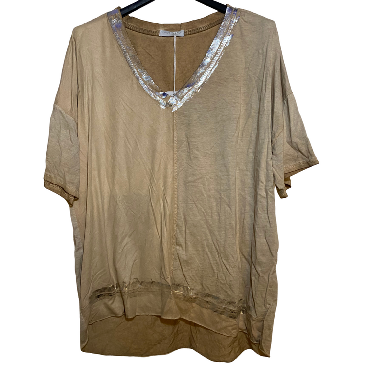 Italian Short Sleeve Mineral Washed Loose V-Neck Top with Distressed Metallic Neck & Bottom Trim