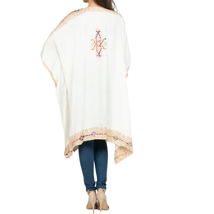 White with Gold Design and Colorful Thick Stitch Hand Embroidered Midi Kimono from India