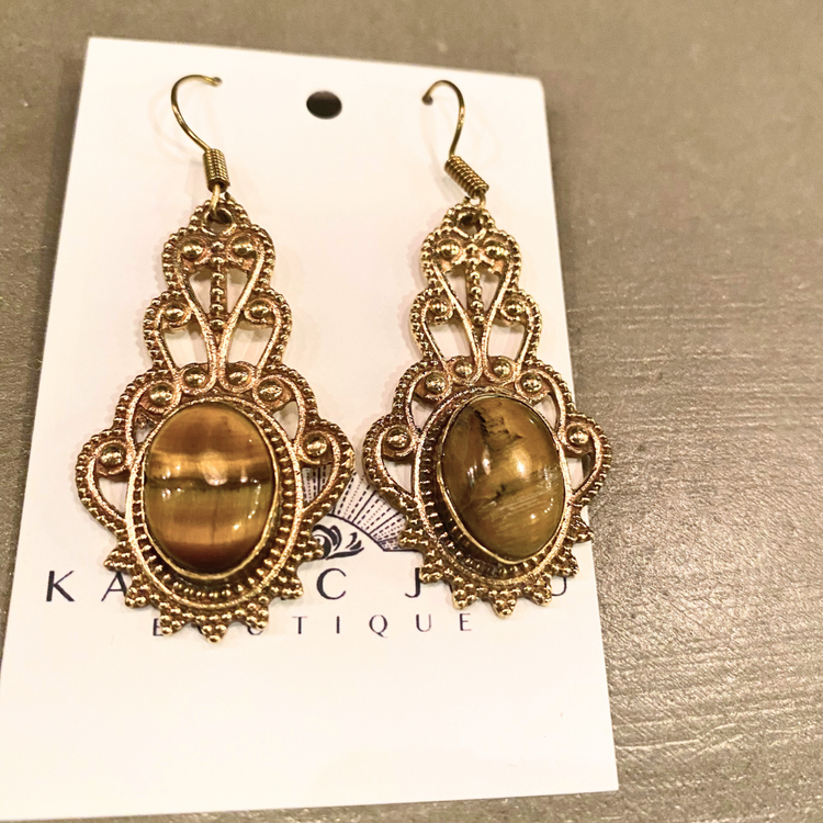 India Ornate Filigree Brass Design with Stone Setting Dangle Earrings - Turquoise, Tigers-eye, Labradorite, Onyx, Moonstone