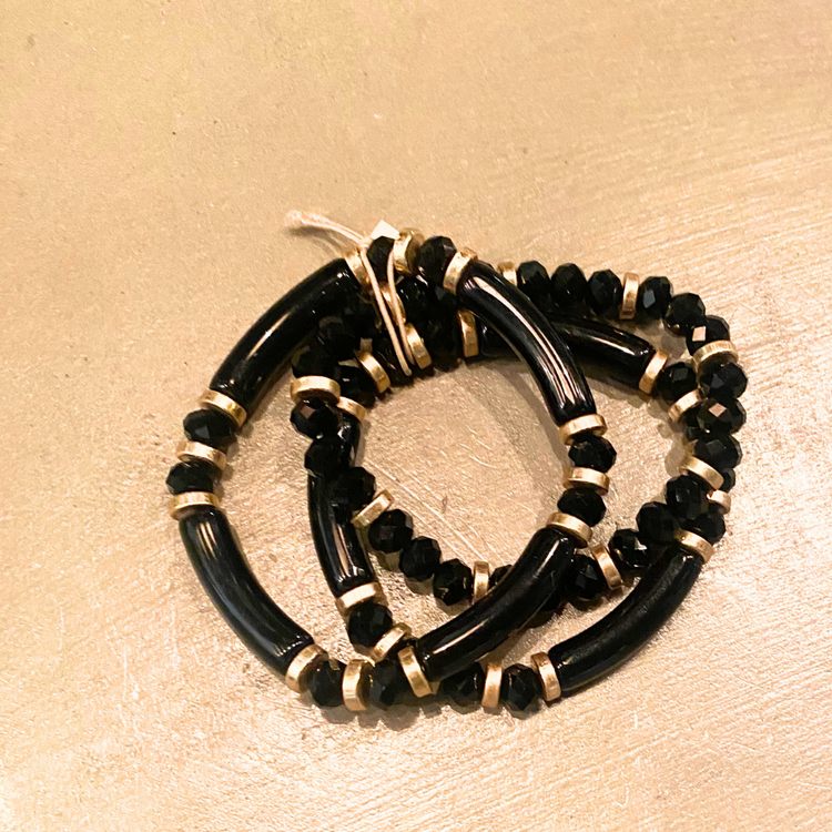 Black Acrylic and Gold Beaded Three Strand Stretch Fashion Bracelet