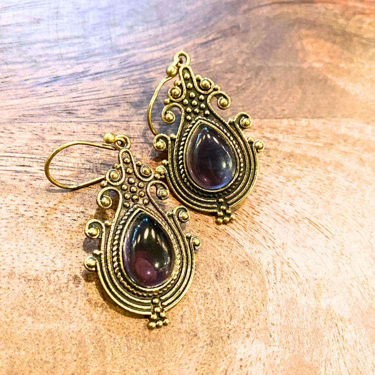 India Ornate Boho Chic Brass or Silver with Stone Dangle Earrings - Labradorite, Tiger's Eye, Amethyst, Chalcedony