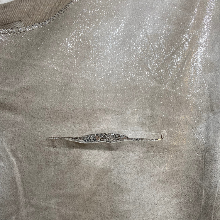 Italian Tie Dye Camo Shimmer Short Sleeve Metallic Knit V-Neck Top with Faux Sequin Pocket