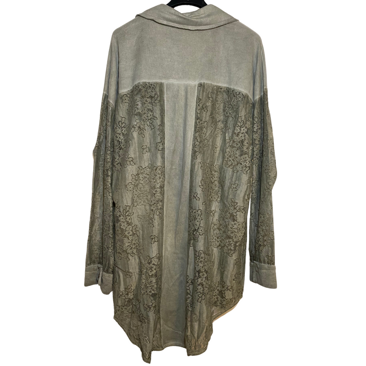 Italian Oversized Fleece Faux Suede and Lace Long Sleeve Botton Front Top