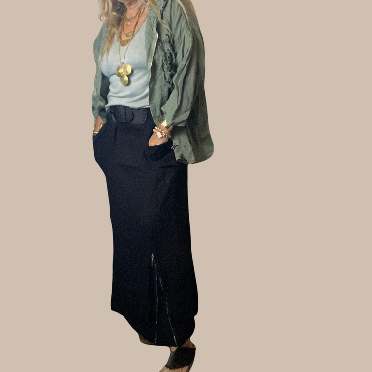 Italian Olive Linen Long Sleeve Zipper Front Hoodie Jacket with Eyelet Lace Detail