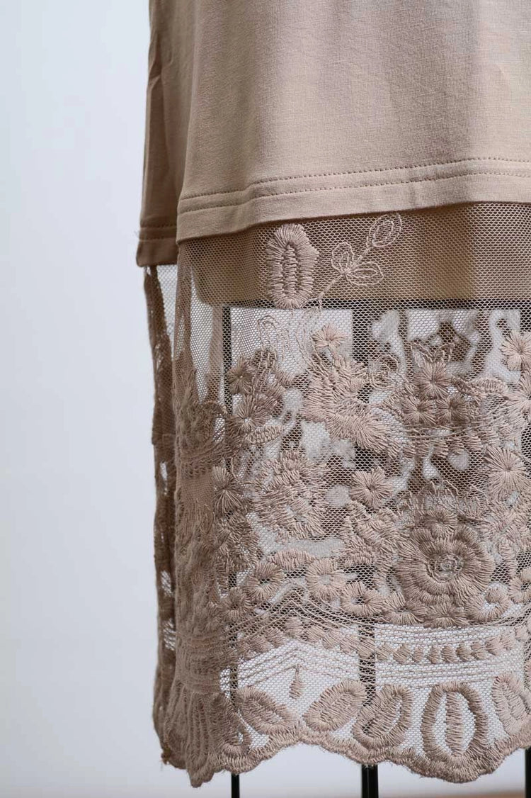 Taupe Strappy Racer Back Mini Slip Dress with Bottom Lace Trim Detail