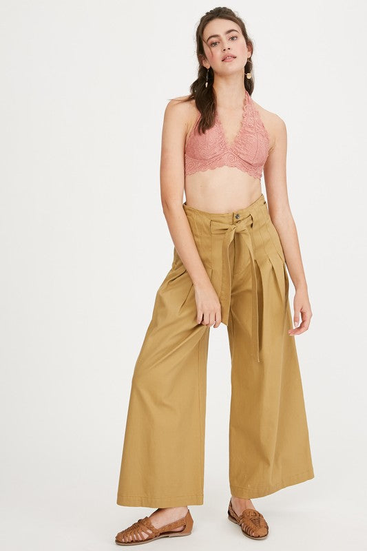 Textured Paper Bag Waist Wide Leg Pants