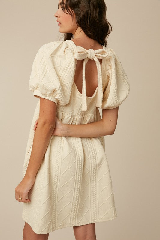 Cable Knit Square Neck Puff Sleeves Babydoll Dress
