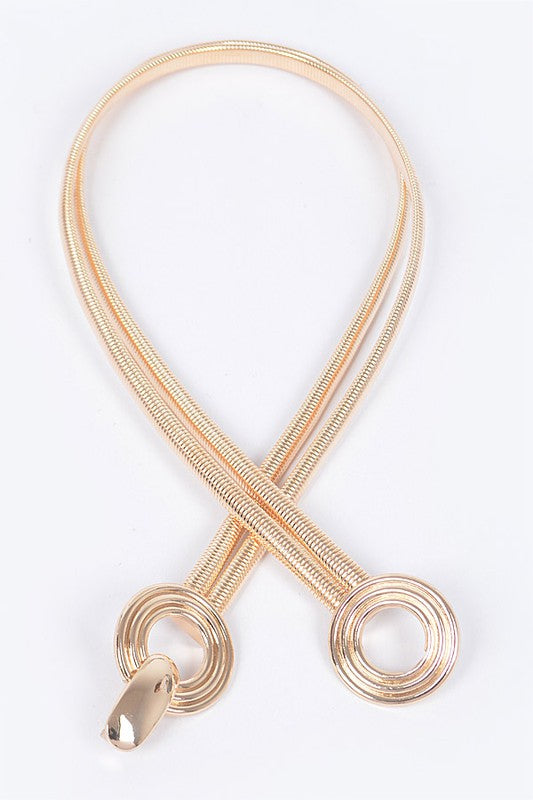 Gold or Silver Double Banded Stretch Belt with Double Circle Clasp Buckle