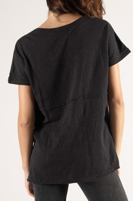 Charcoal Cotton Slub V Neck Short Sleeve Tee