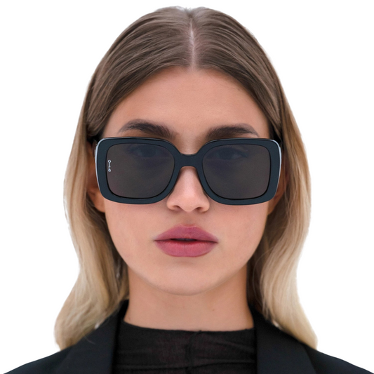 Otra Coco Shiny Black Squared Frame Rounded Edges Sunglasses with Dark Lens