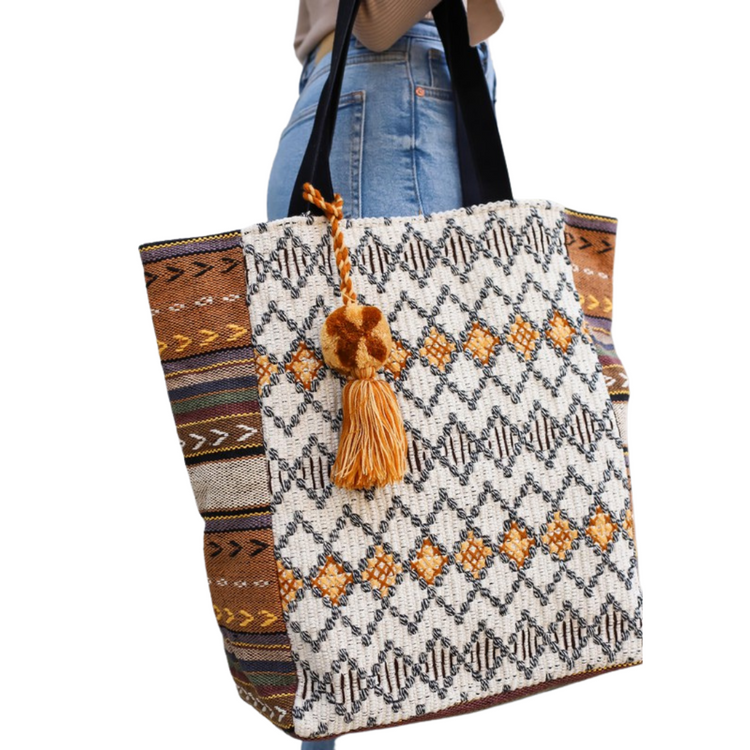 Boho Pattern Tote With Pom Tassel