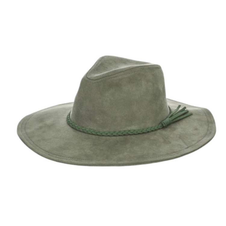 Brown Ivory Olive Suede Hat With Braided Faux Trim