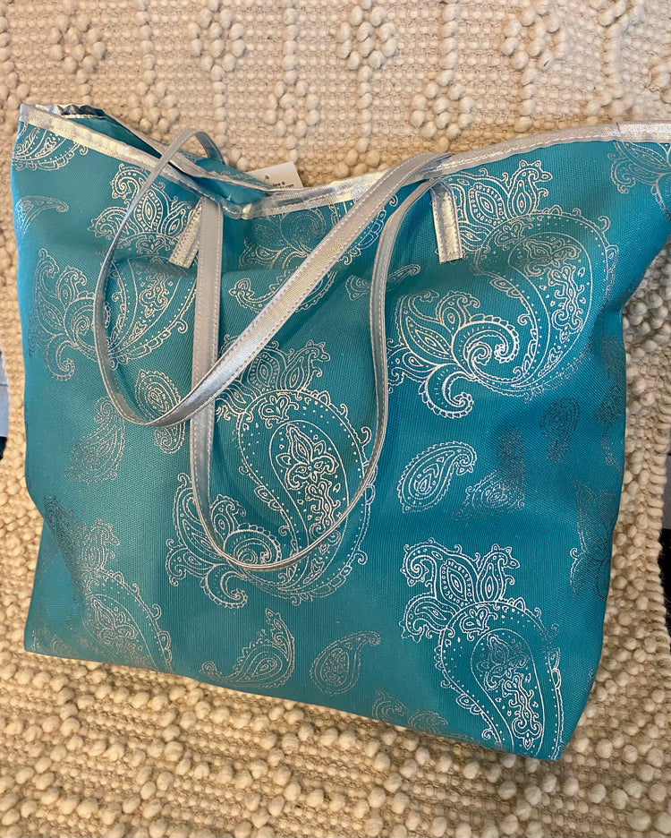 Teal Silver Paisley Tote