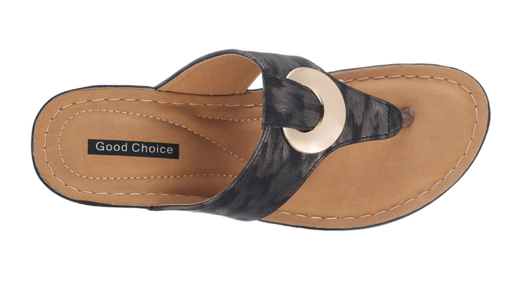 Pewter Black Blend Genelle Wedge Sandal with Gold Circle Detail