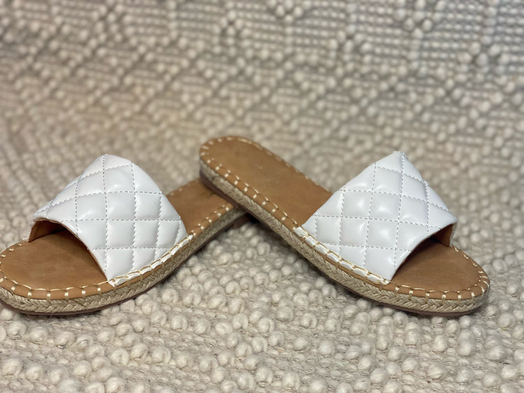 White Puffy Quilted Espadrille Flat Slide