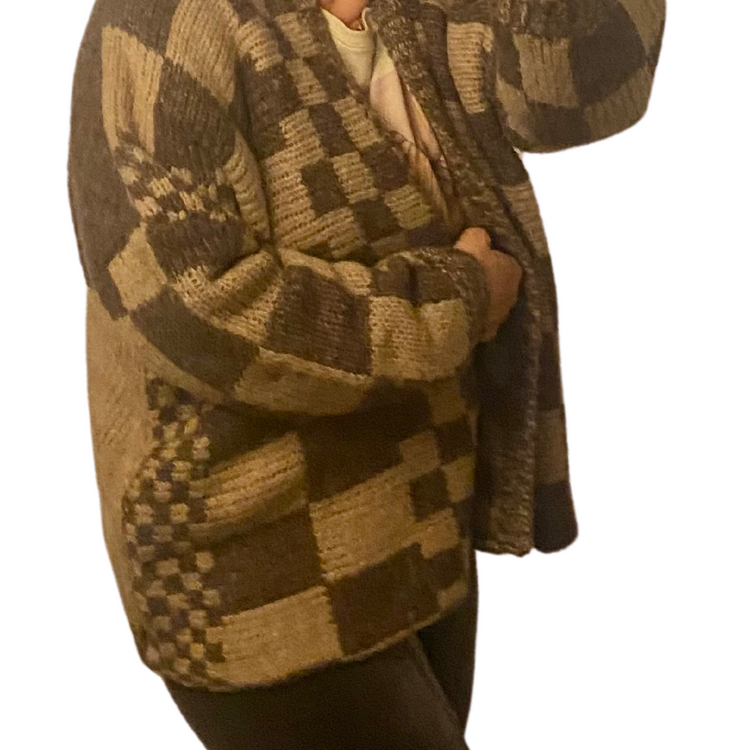 Brown Tan Checkered Open Front Chunky Cardigan Sweater