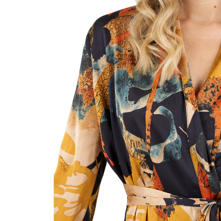 Abstract Black Rust Yellow Teal Long Wrap Dress