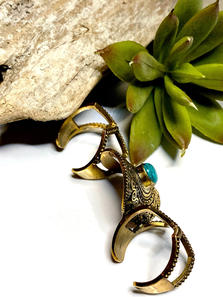 Brass Three 3 Finger Adjustable Ring with Turquoise, Trio Knuckle Brass Stone Ring, Woman's Ring, Multifinger Ring