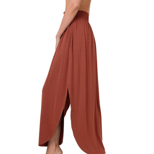 Rust Brick Red Elastic Waist Maxi Skirt w Side Slits and Side Pockets