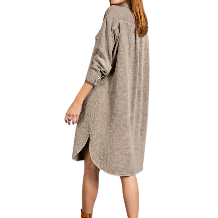 Gray Mushroom Long Cotton Gauze Mineral Washed Button Down Shirt Dress