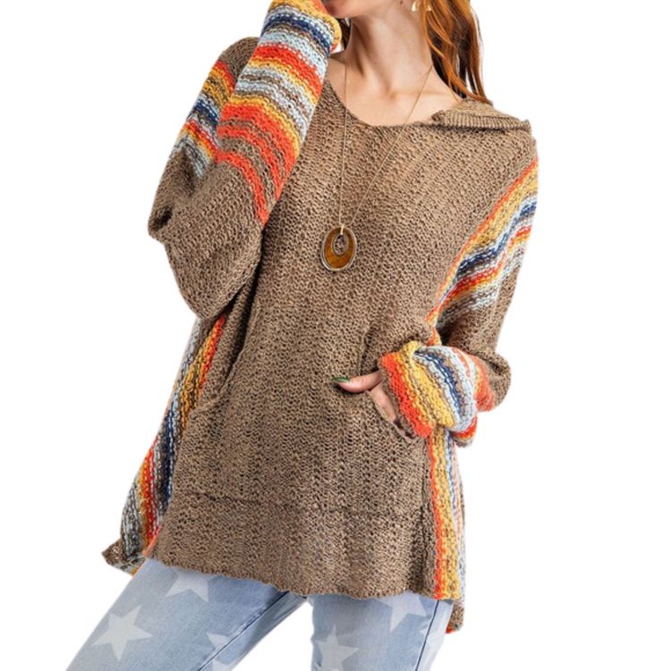 Knitted Hoodie Multi Colored Pullover Sweater